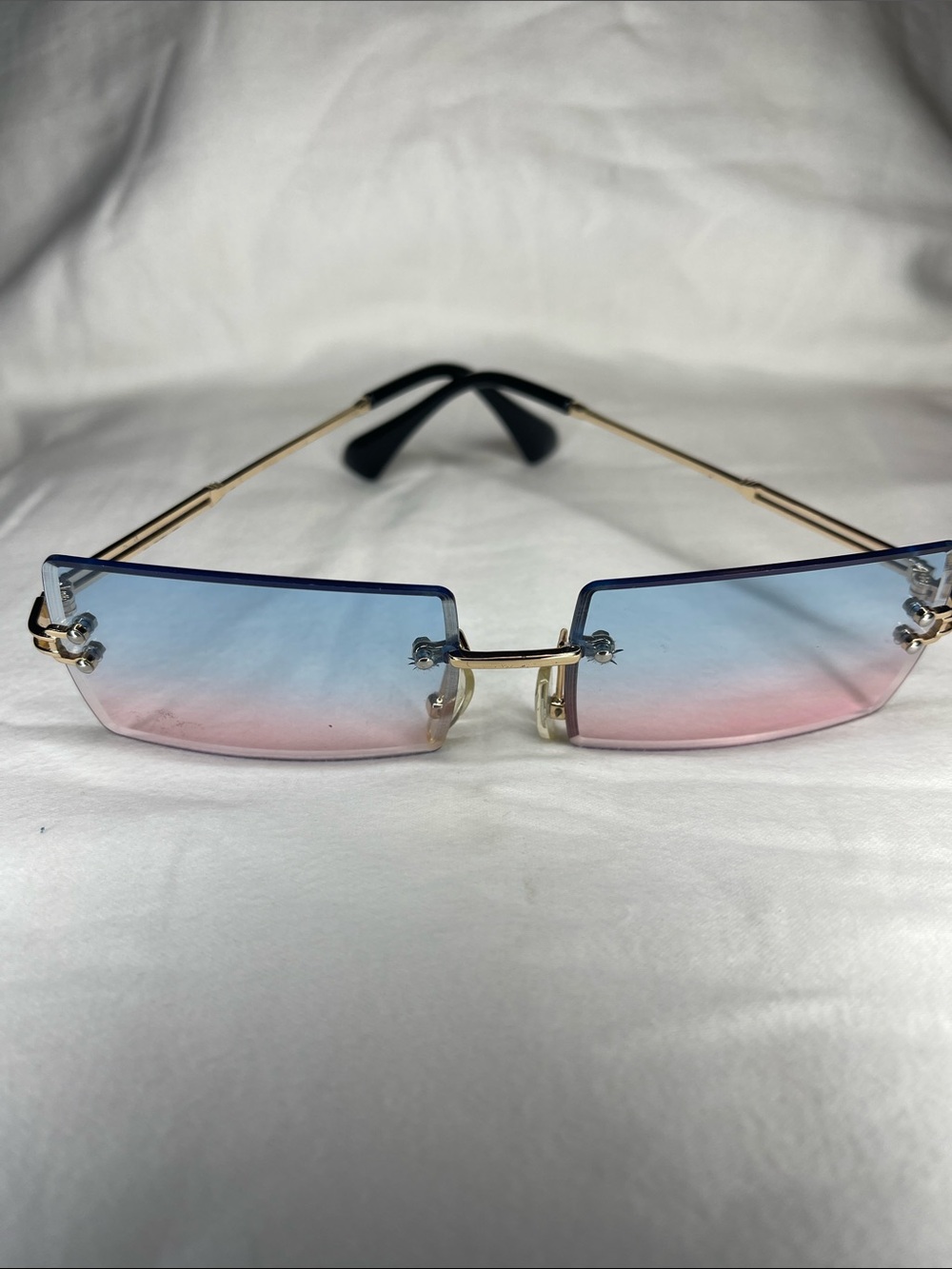 Unisex Rimless Blue and Pink Lens Sunglasses